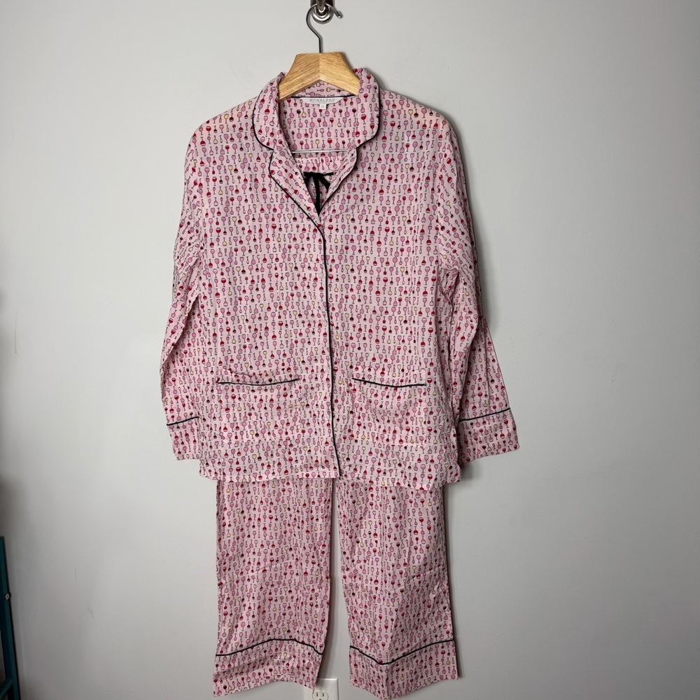 Shiraleah Cotton Wine Print 2 Piece Pajama Sleepwear Set PJ Top Long Sleeve 1138